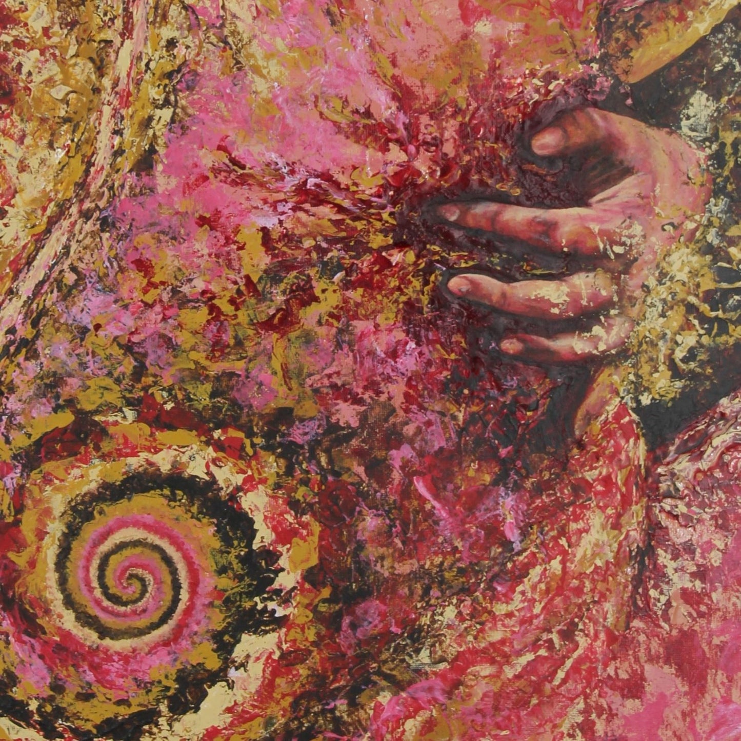 Abstract artwork with swirling patterns and a hand holding flowers.
