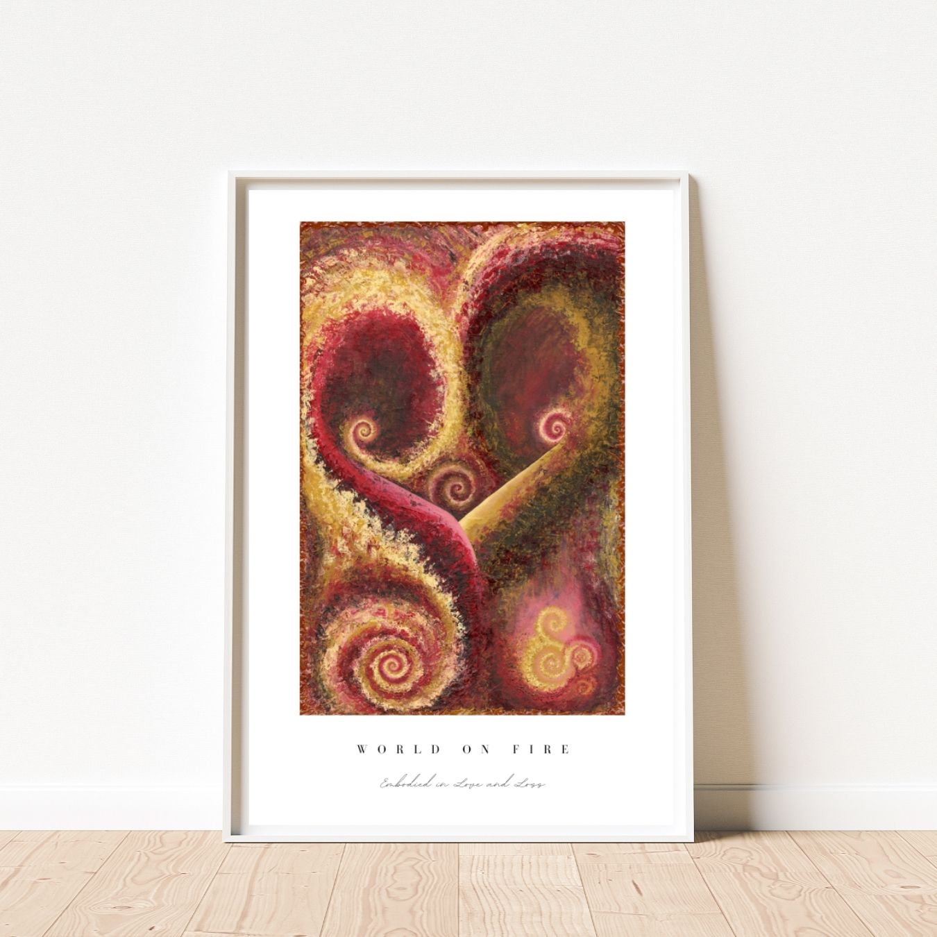 Framed abstract art print on a white wall