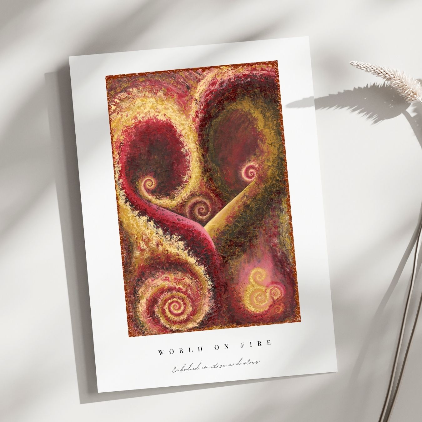 Colorful abstract art print titled 'World on Fire' on a white background