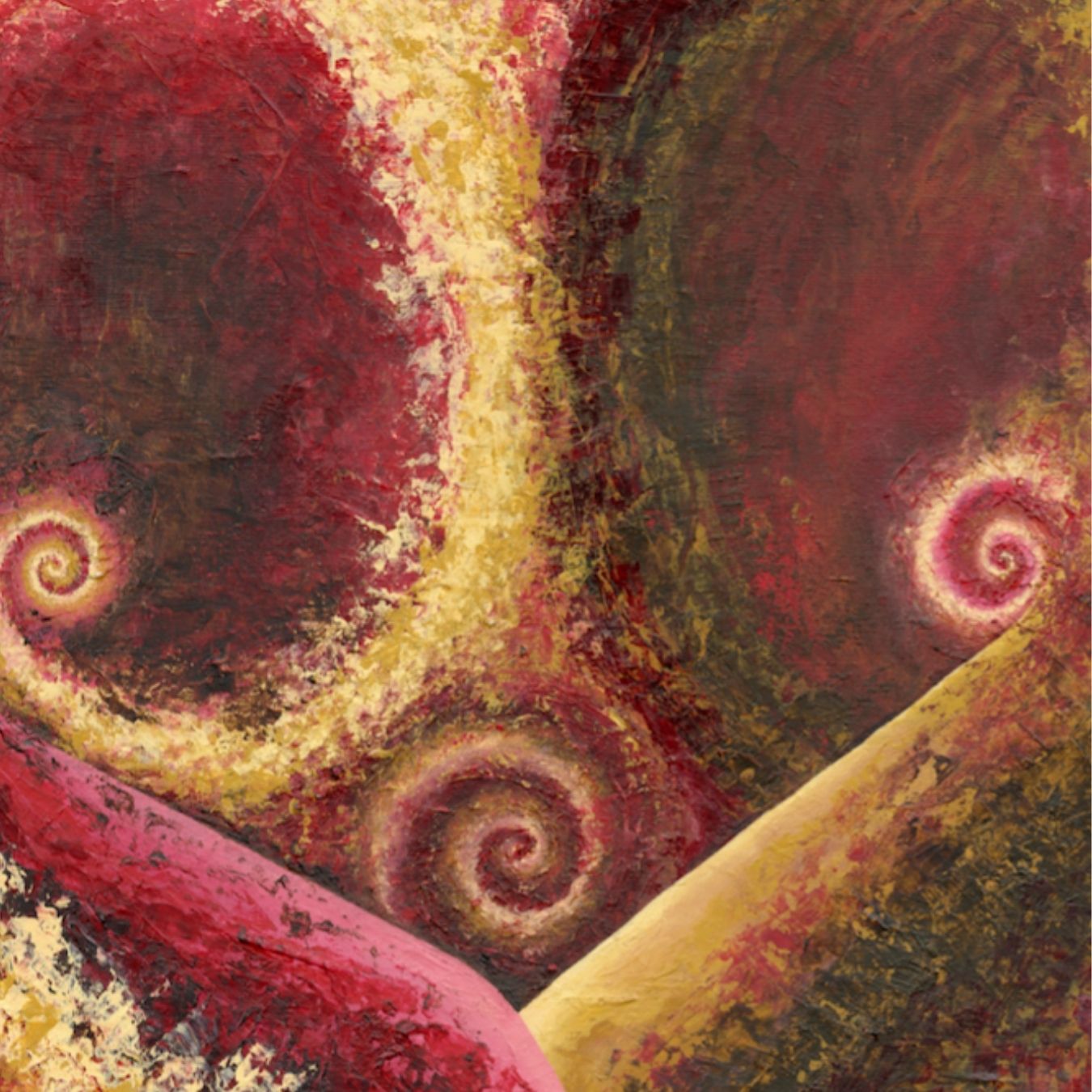 Abstract artwork with swirling patterns in red, yellow, and green.