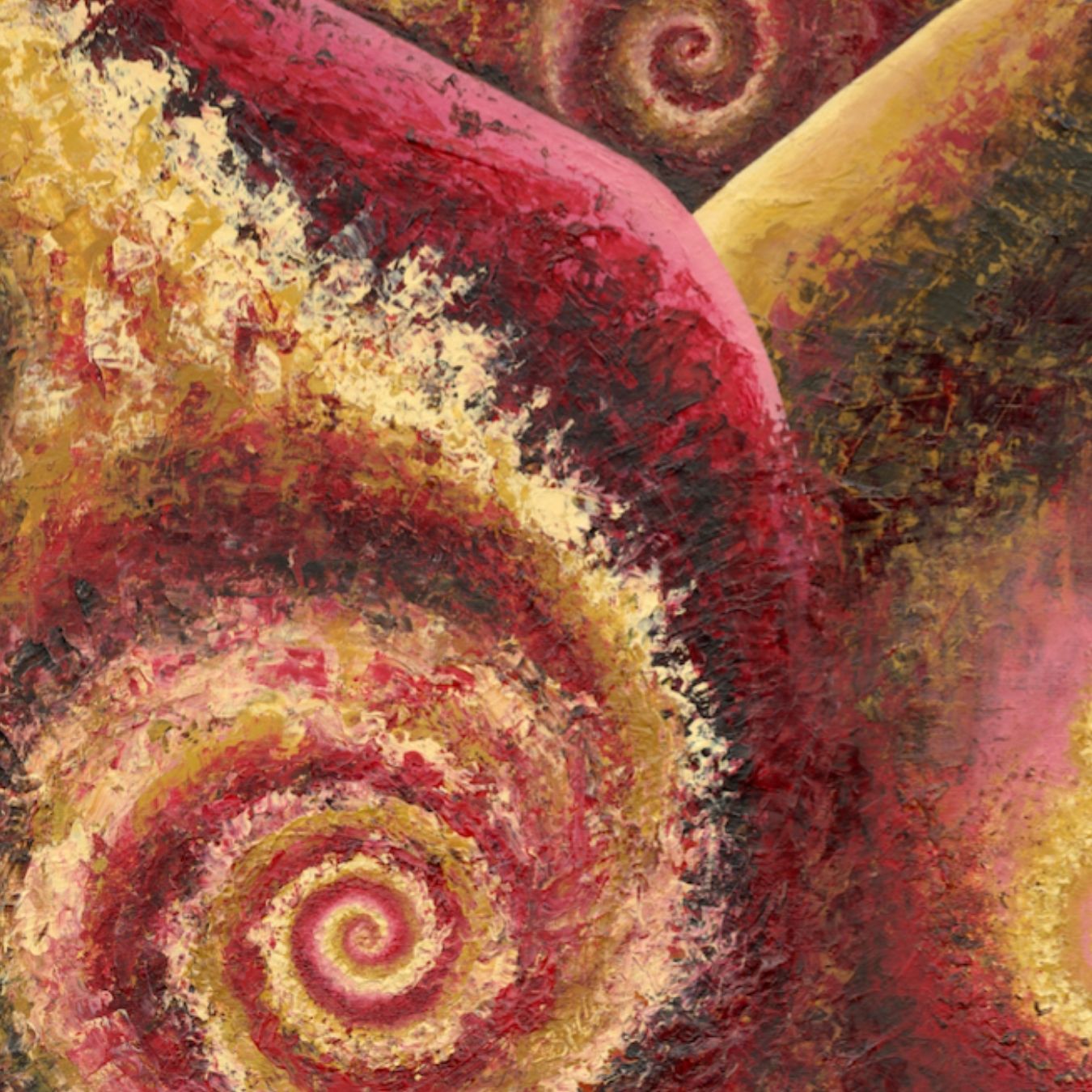 Abstract art with swirling patterns in red, yellow, and brown.