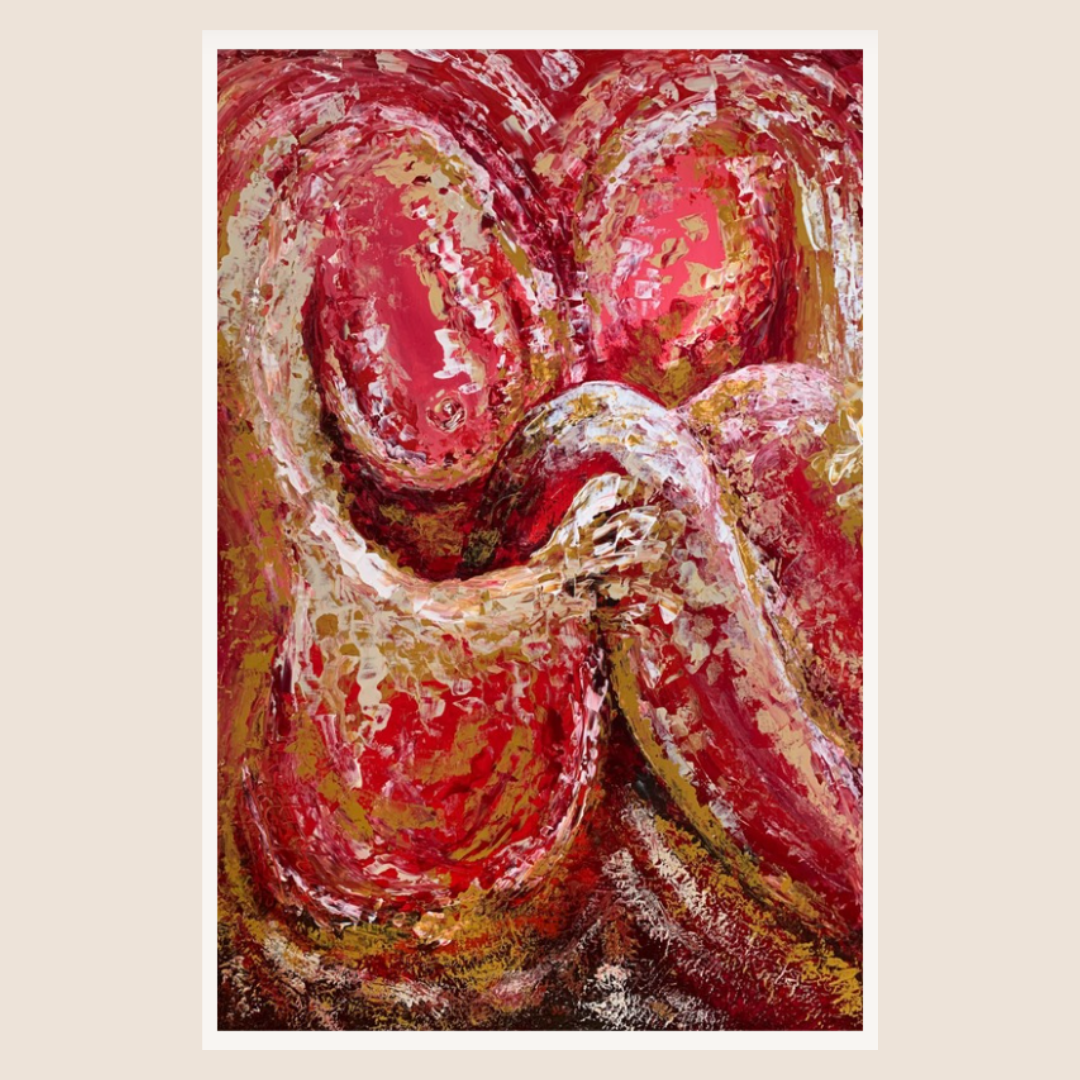 Abstract painting with swirling red and gold colors on a beige background
