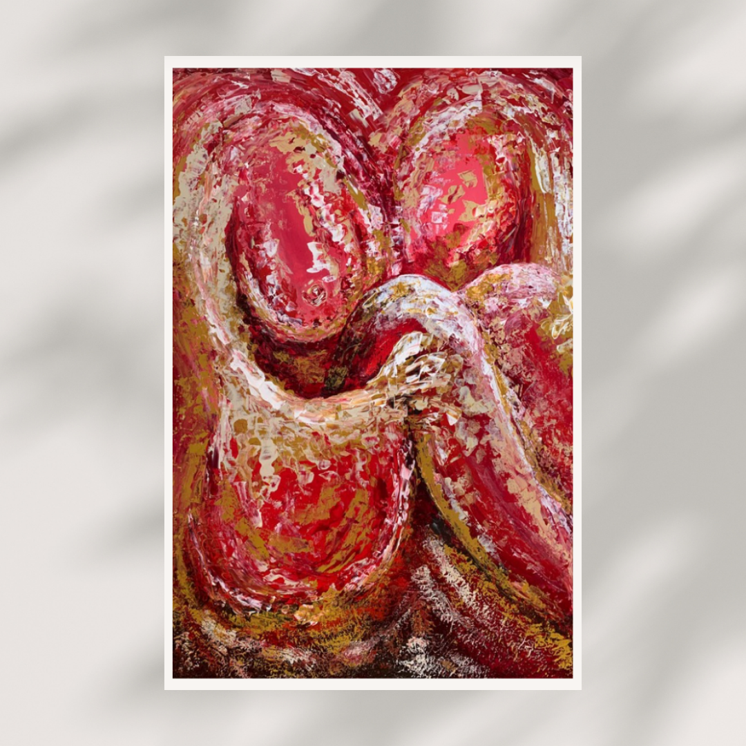 Abstract art print with red and brown colors on a white background