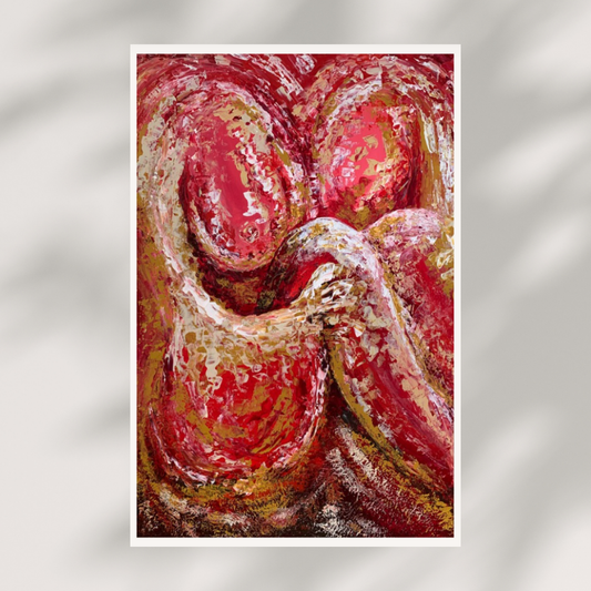 Abstract art print with red and brown colors on a white background