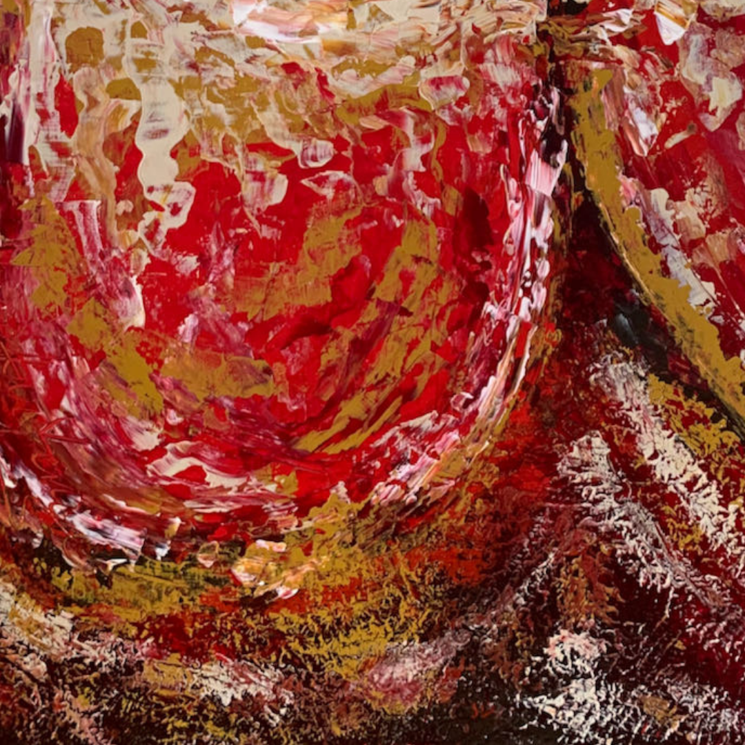 Abstract art with swirling red, gold, and white colors