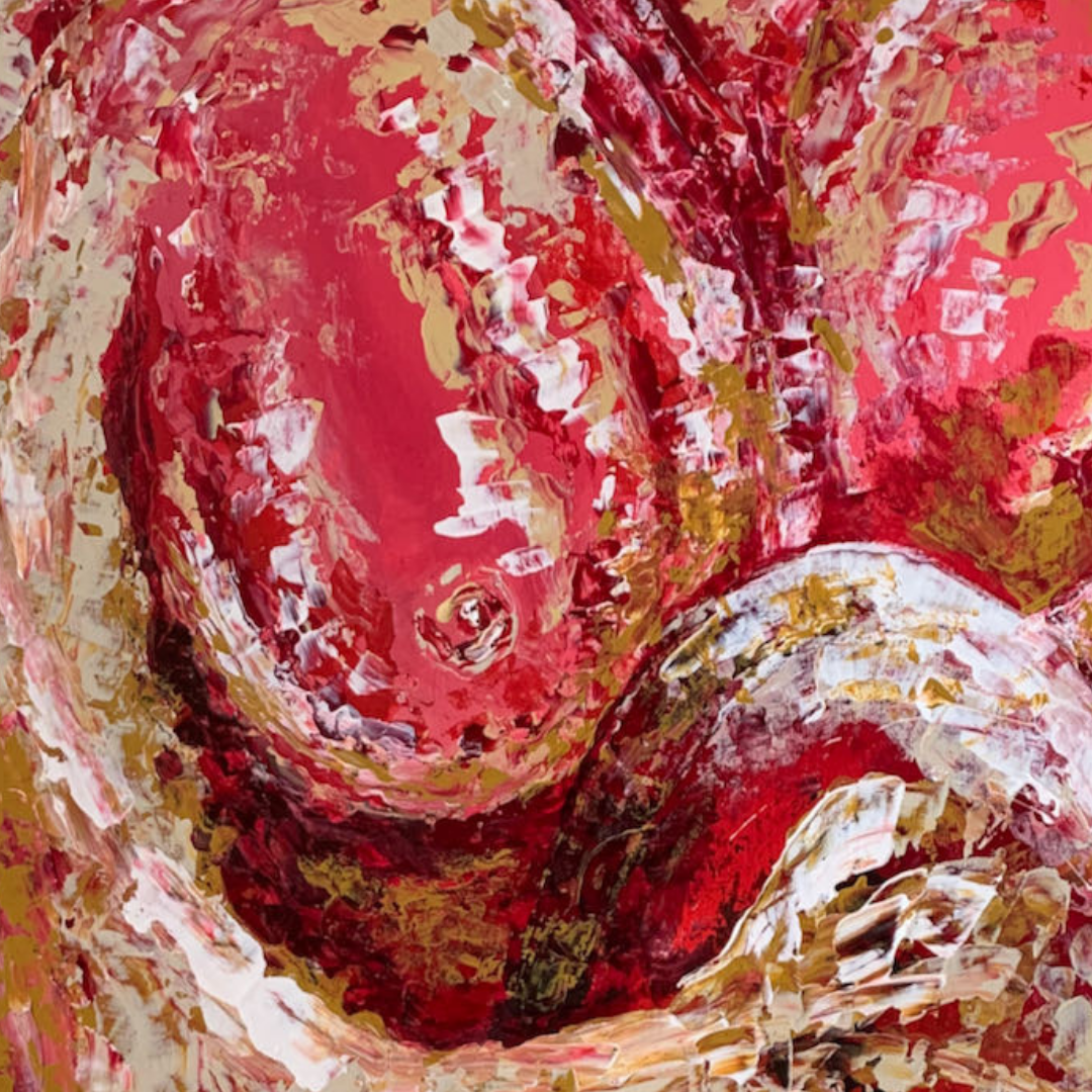 Abstract art with red, gold, and white colors