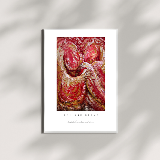 Framed abstract art print with text on a white background