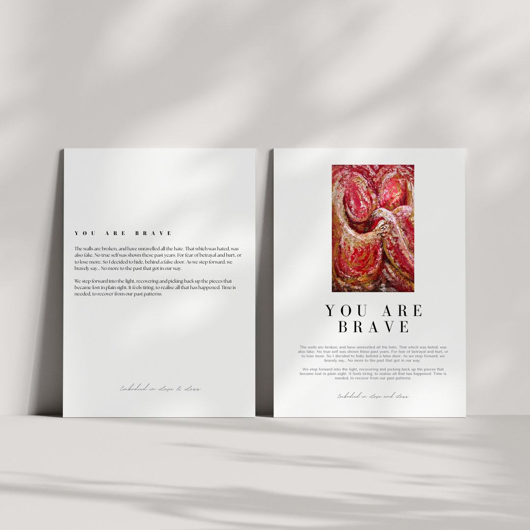 Open book with text and a red and white abstract painting on a white background