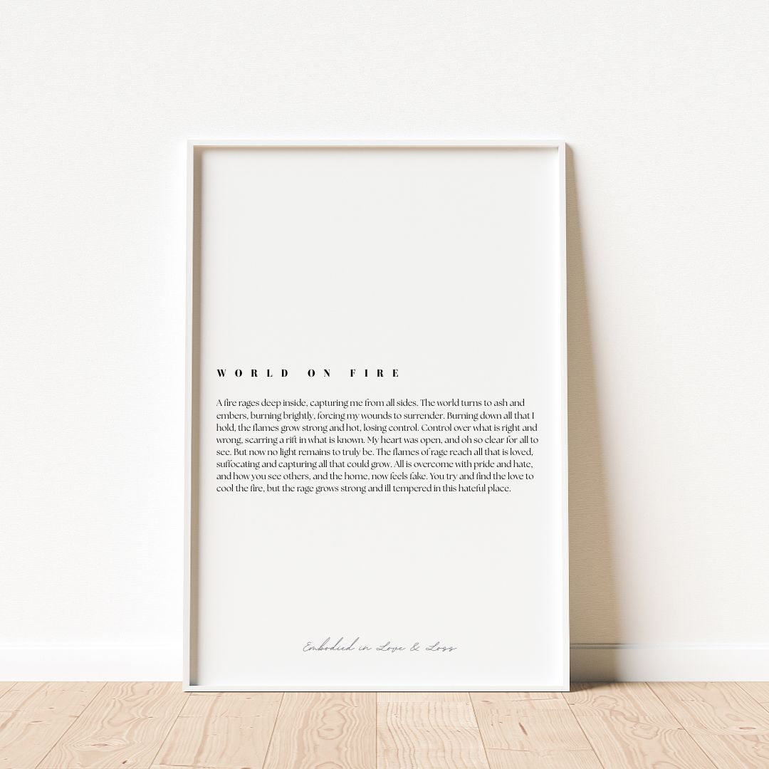 Framed poem titled 'World on Fire' on a white wall.