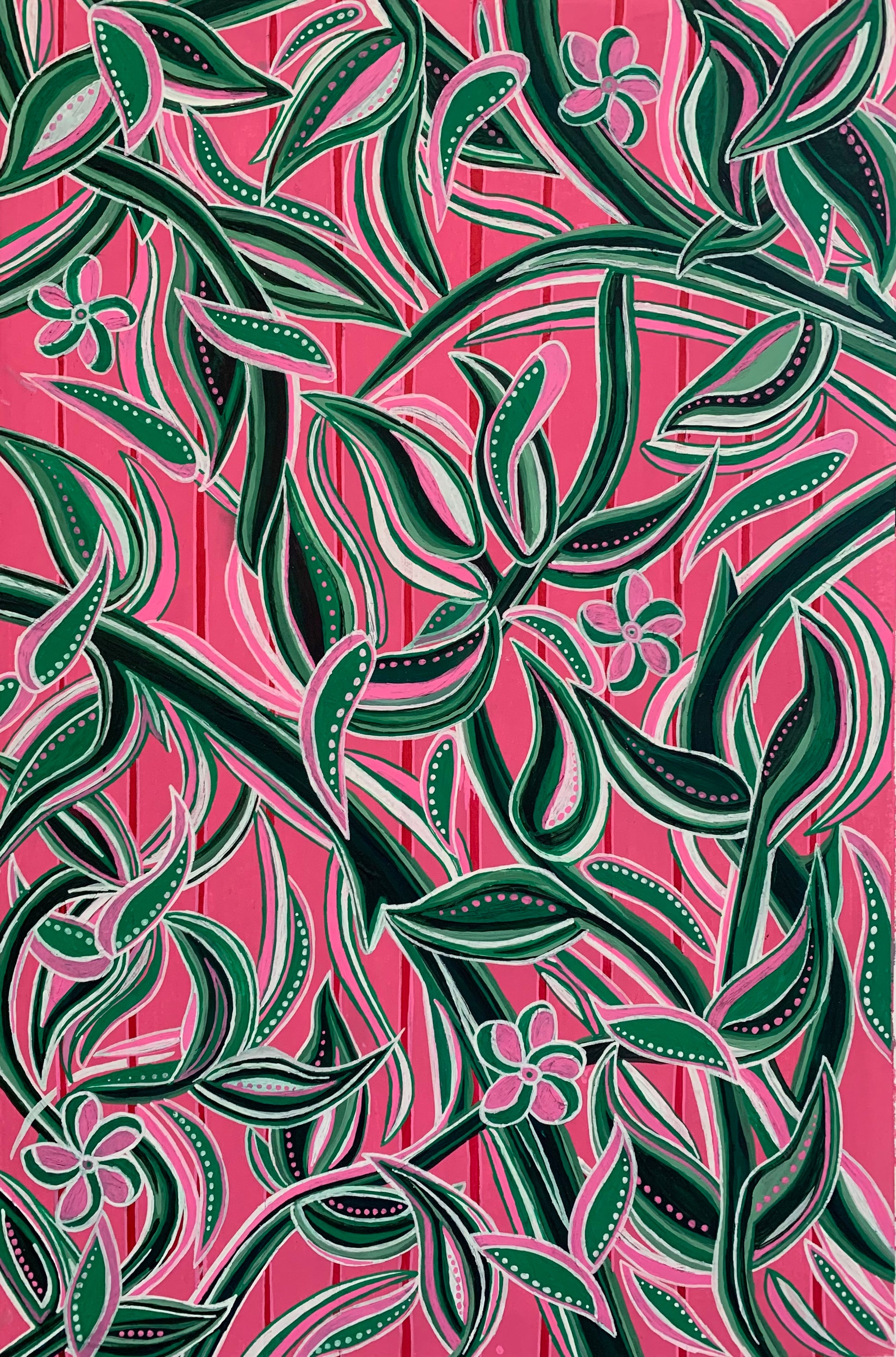 Pattern of green leaves and pink flowers on a pink background