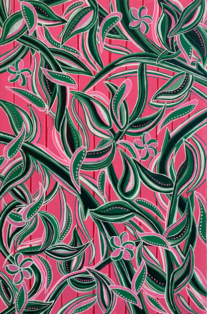 Pattern of green leaves and pink flowers on a pink background