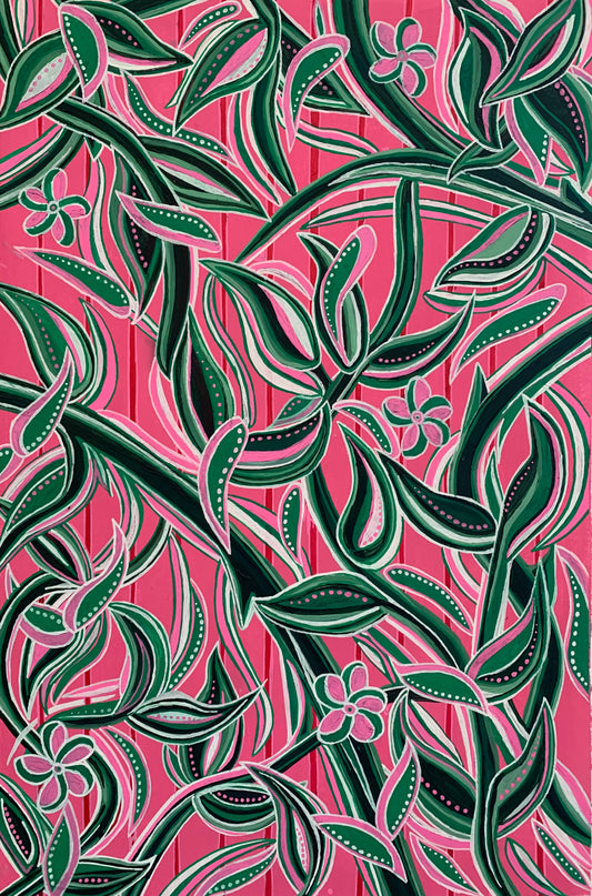Pattern of green leaves and pink flowers on a pink background
