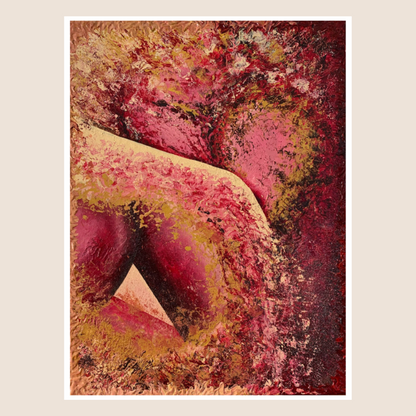 Abstract art piece with pink and yellow colours on a beige background