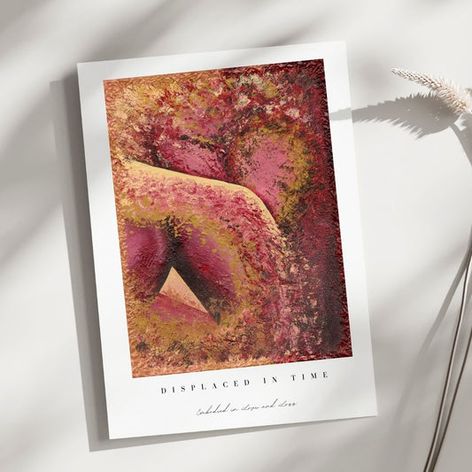 Artistic print with abstract design and text on a white surface