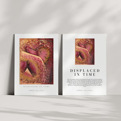Open book with artistic cover and text on a white background
