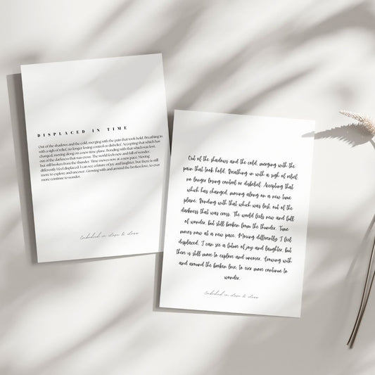 Two sheets of paper with printed text on a light background