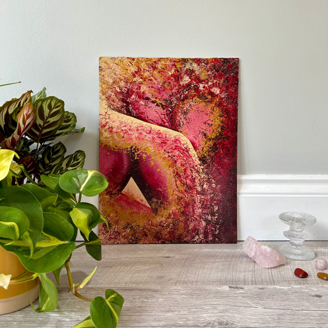 Original abstract painting with red, pink and beige paint