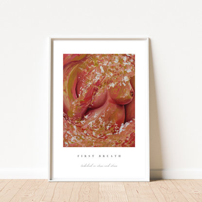 Framed artwork with abstract design on a white wall.
