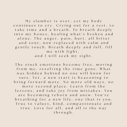 Text on a beige background with a reflective poem about healing and new beginnings.