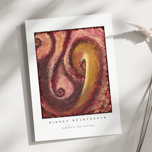 Art print titled 'Hidden Heartbreak' with swirling design on a white background