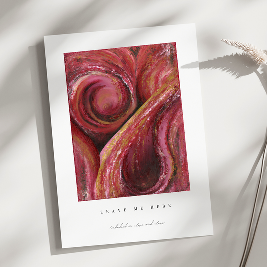 Art print with a swirling red and pink design on a white background