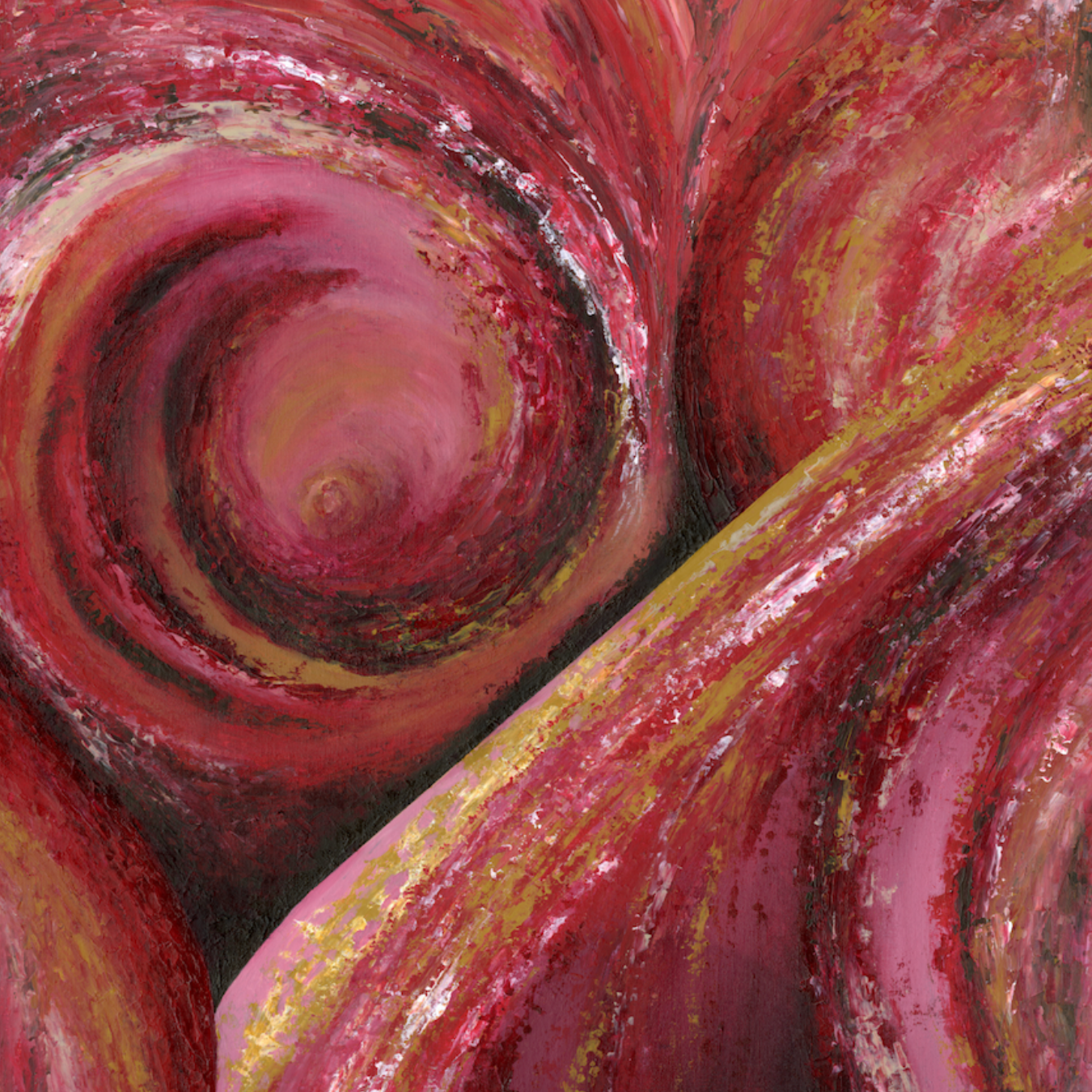 Abstract painting with swirling red and pink colors
