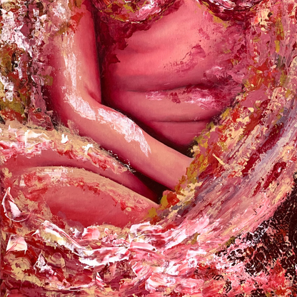 Close-up of a person's body with a textured, abstract background in red and pink tones.