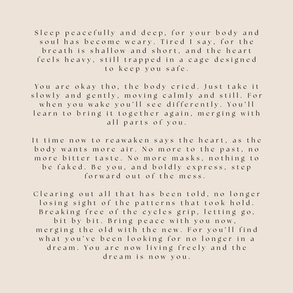 Text on a beige background with a reflective message about sleep, body, and soul.