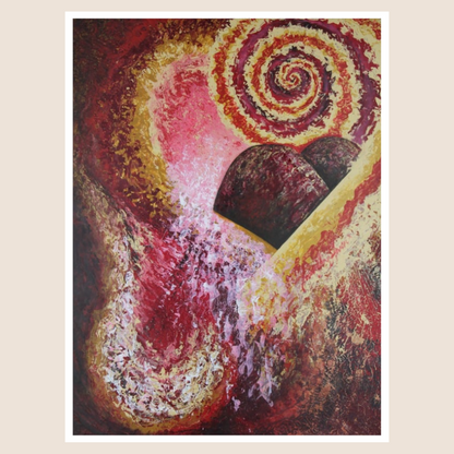 Abstract artwork with swirling colors on a beige background