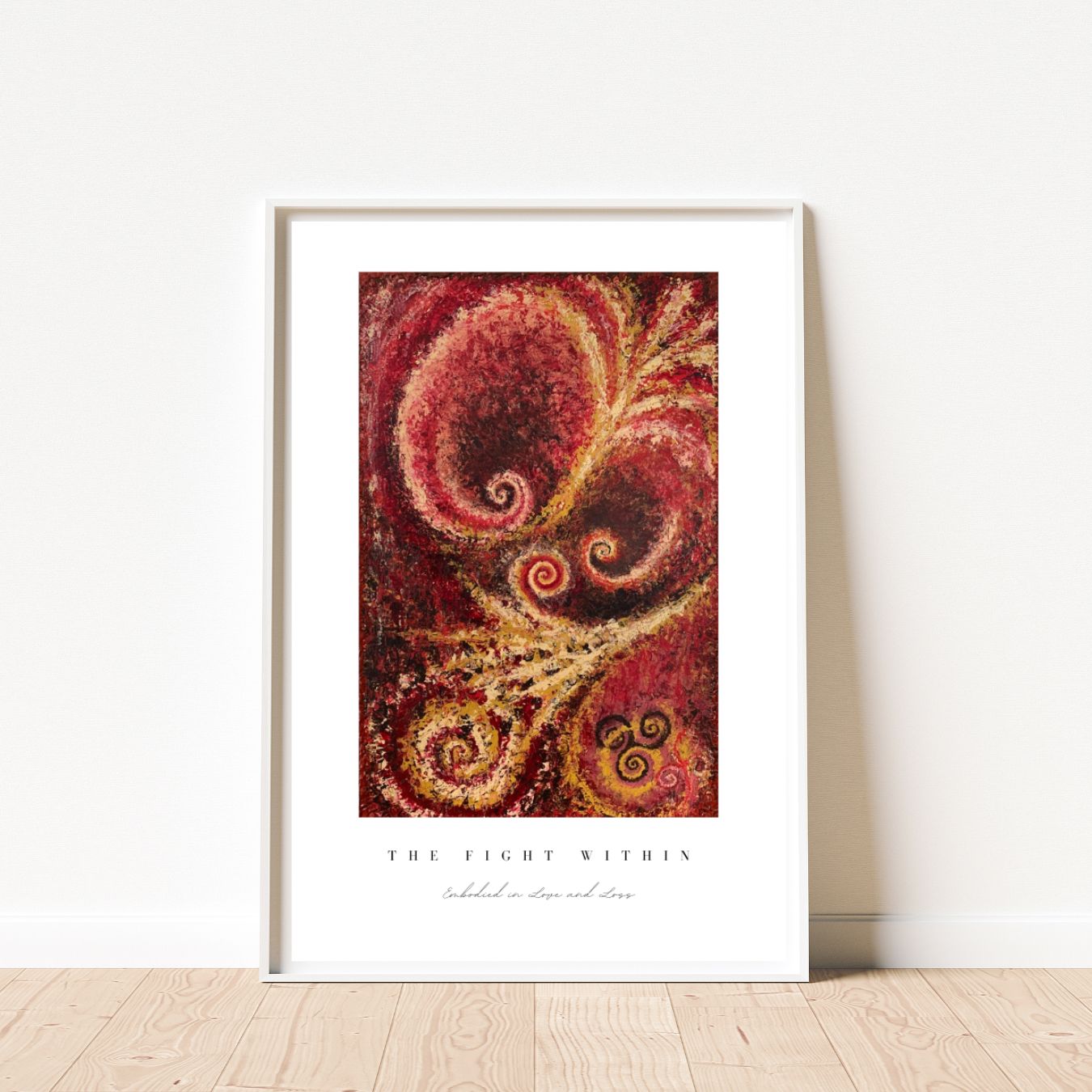 Framed abstract art print with swirling patterns on a white background