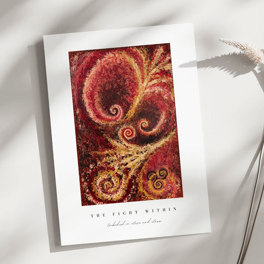 Art print with a red and gold abstract design on a white background