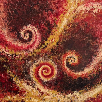 Abstract art with swirling patterns in red, yellow, and brown.