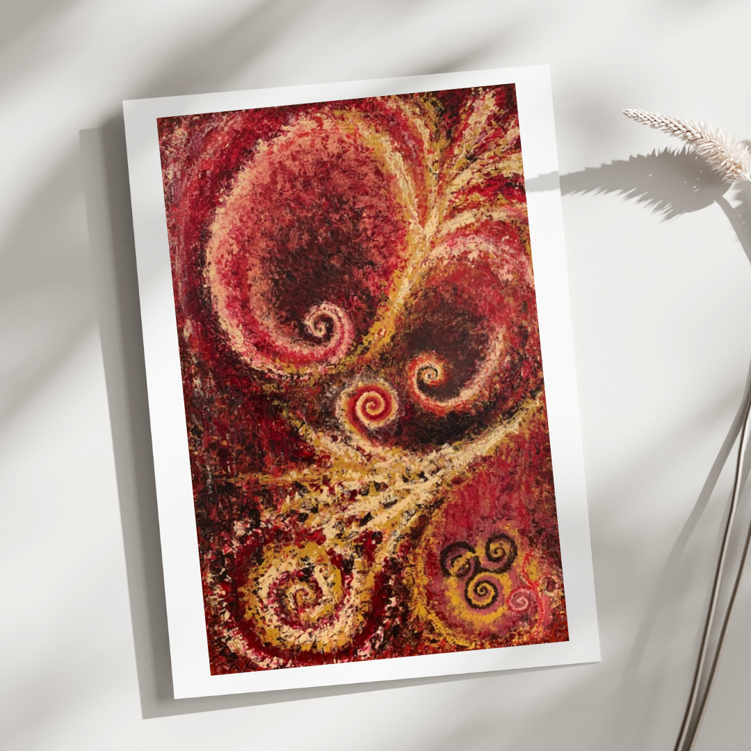 Artistic print with a red and gold spiral design on a white background