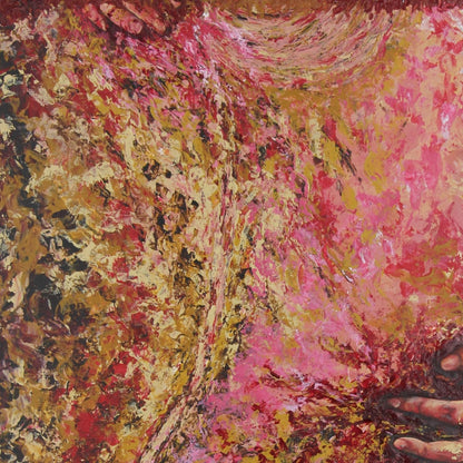 Abstract artwork with swirling pink, yellow, and red colors.
