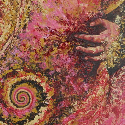 Abstract artwork with swirling patterns and a hand holding flowers.