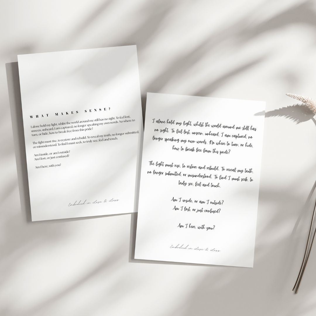 Two sheets of paper with printed text on a light background