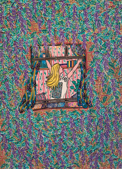 Colorful artwork of a woman with long blonde hair in a room with patterned walls.
