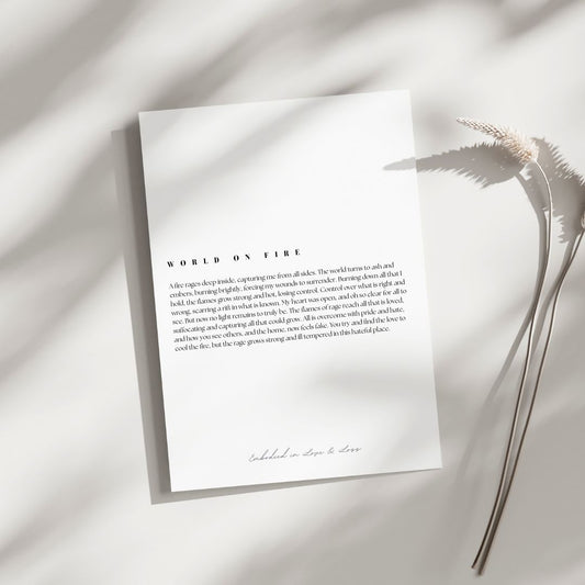 poem art print on a light background with a plant leaf